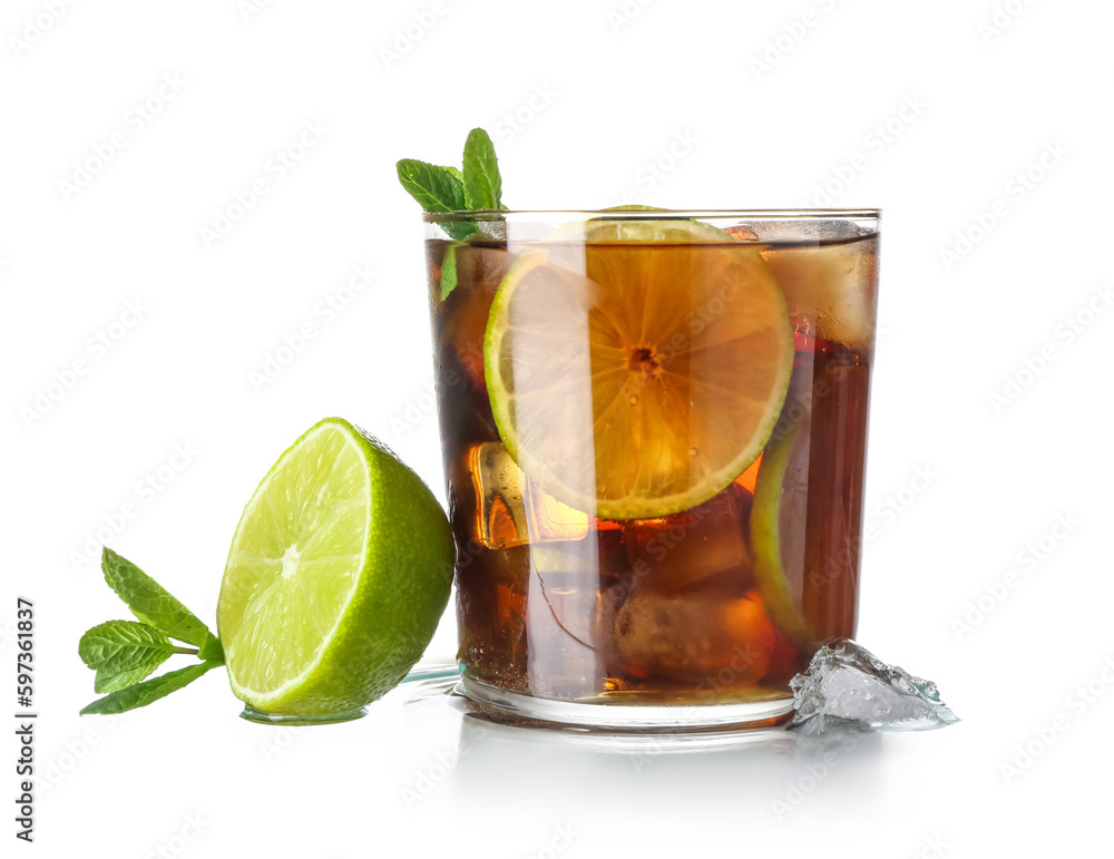 Glass of tasty Cuba Libre cocktail isolated on white background Glass of tasty Cuba Libre cocktail isolated on white background
