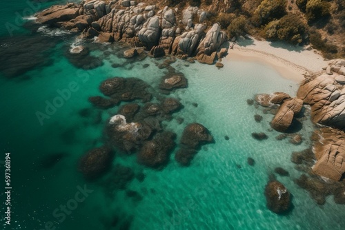 Aerial view of turquoise water and beach. Summer travel concept. Generative AI