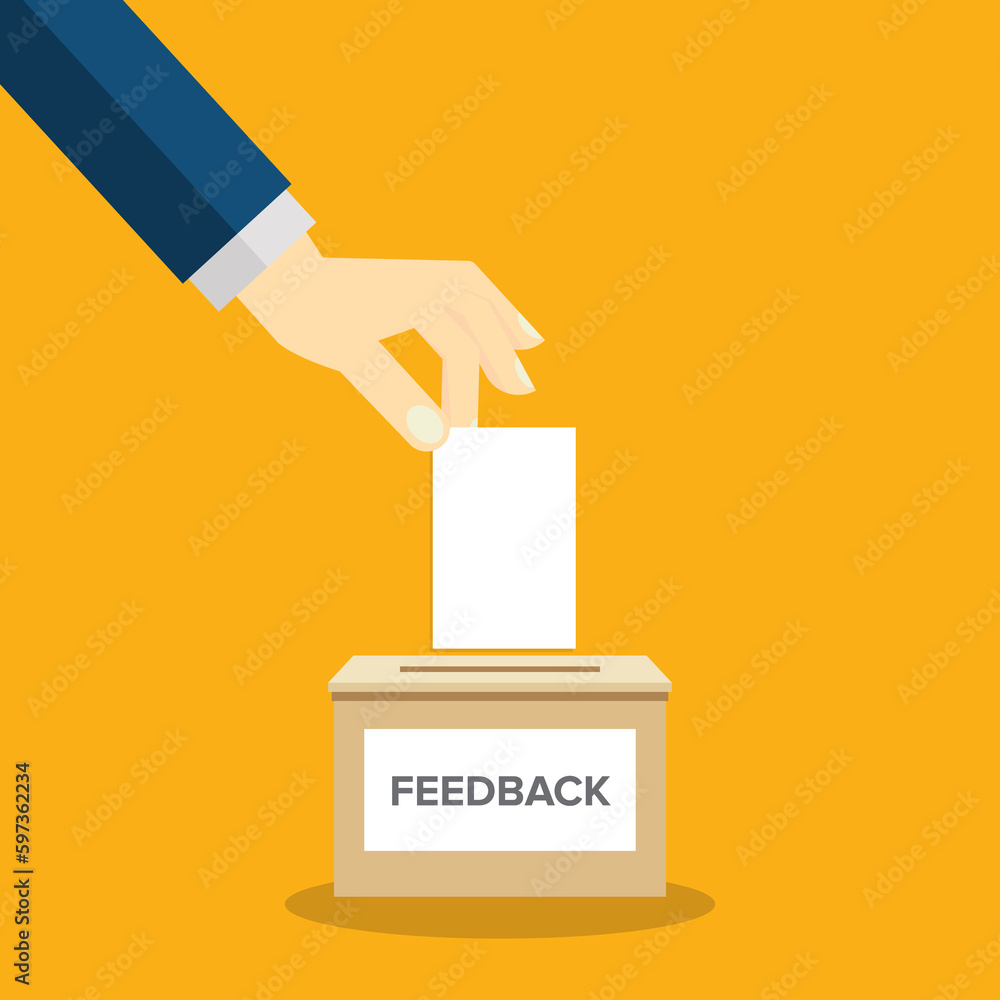 Feedback, feedback box. Hand holding feedback paper card and. Customer suggestion. Submission of comment, feedback, suggestion in box. Customers review concept.