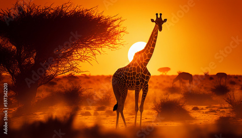 Safari Sunset Giraffe Digital Art 