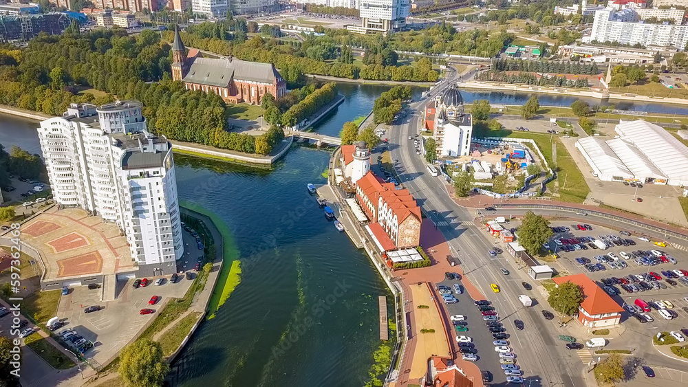 Russia, Kaliningrad - September 20, 2018: Aerial view of the historic center of Kaliningrad. View of Kant Island, and Kaliningrad Cathedral. Russia