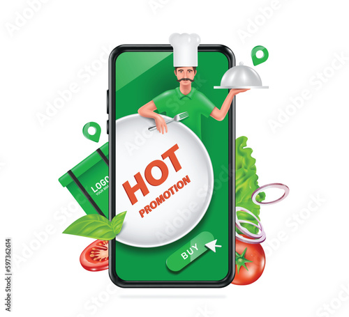 Hot promotion text in front of chef holding fork and food cover and all display on smartphone and there are vegetables and bag or food box for delivery to customers on side