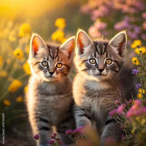 Two cute kittens in a flower garden. International cat day concept with Generative AI