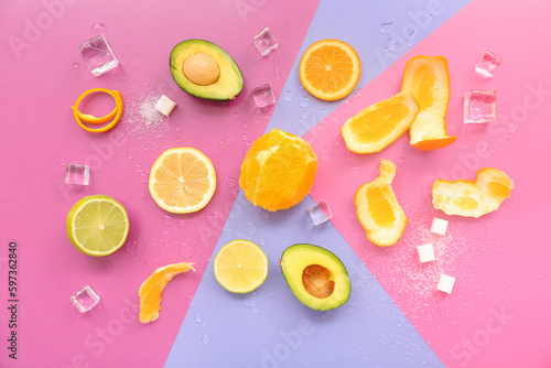 Fototapeta Naklejka Na Ścianę i Meble -  Composition with fruits, ice cubes and sugar cubes on colorful background