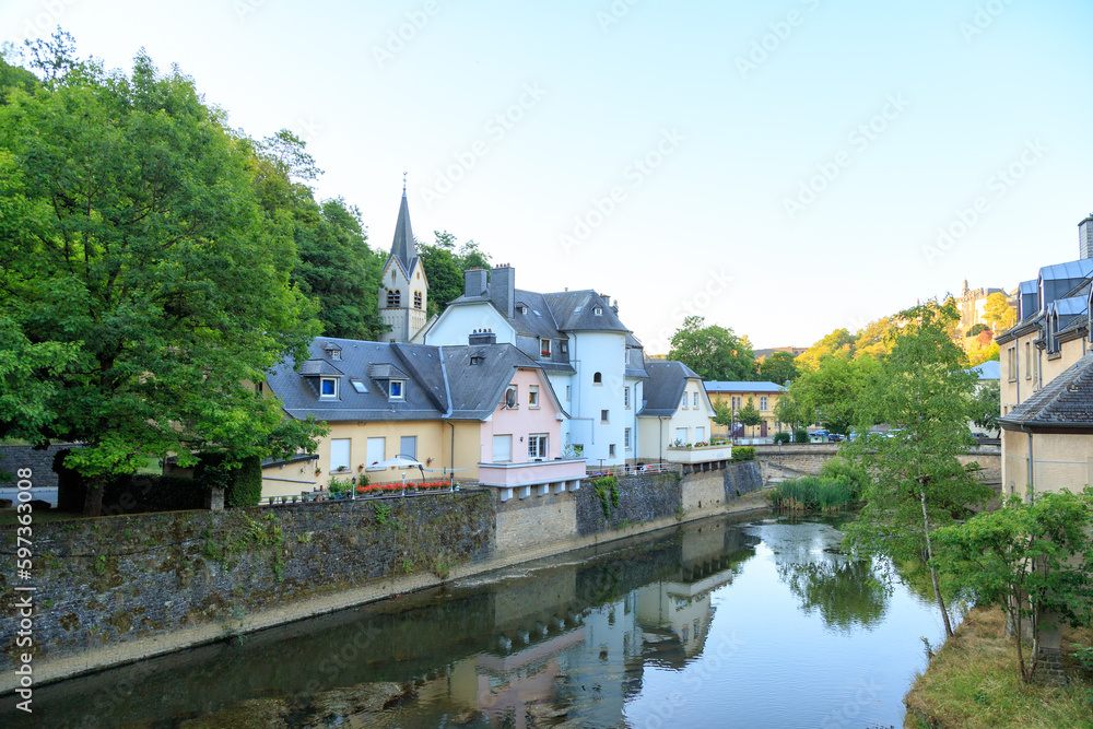 Luxembourg city, Luxembourg - July 4, 2019: Alzette River. Quarter Grund
