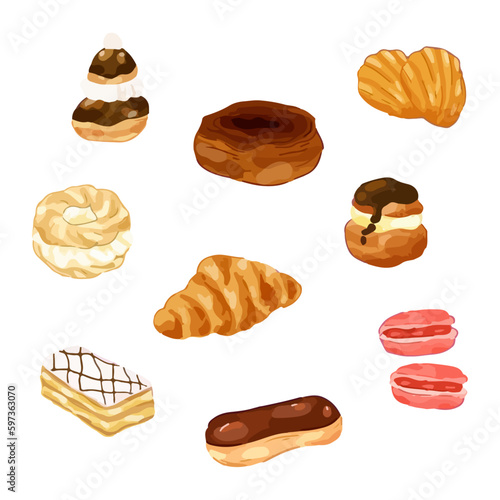French pastries. Religieuse, Kouign-amann, Madeleine, Croissant, Paris Brest, Profiterole, Eclair, Napoleones, Macaron. Traditional baked desserts. Hand drawn watercolor vector illustration