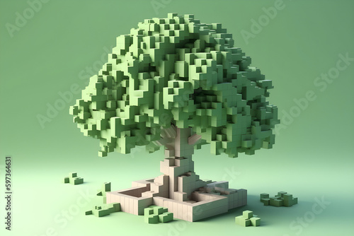 3d illustration render of cubic tree with green leaves and background. Voxel 3D style oak tree. Generative AI. 