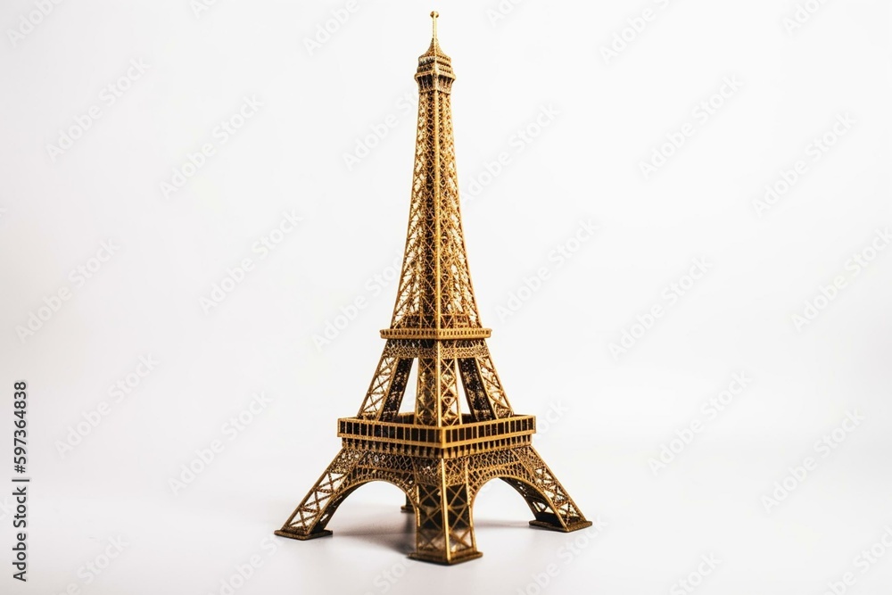 Eiffel tower in golden hue on white background. Generative AI
