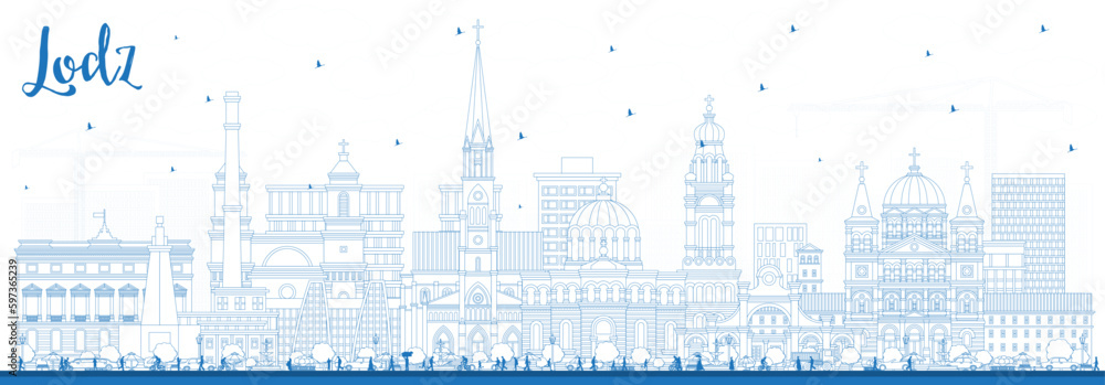 Outline Lodz Poland City Skyline with Blue Buildings. Vector Illustration. Lodz Cityscape with Landmarks. - obrazy, fototapety, plakaty 