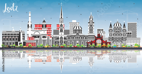 Lodz Poland City Skyline with Color Buildings, Blue Sky and Reflections. Vector Illustration. Lodz Cityscape with Landmarks.