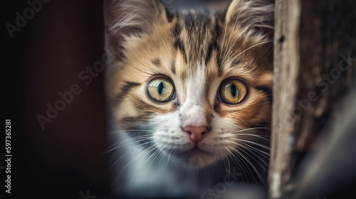 Portrait of cute fluffy kitten. Generative AI. High quality illustration