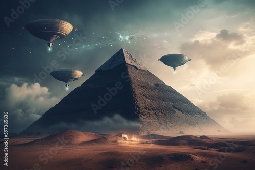 Illustration of pyramid structures and unidentified flying objects. Generative AI