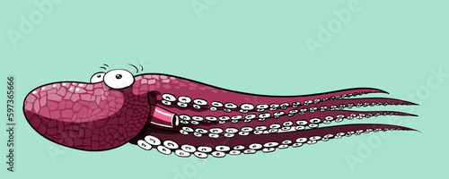 Octopus cartoon swimming in the sea propelled by his siphon very pleased and happy