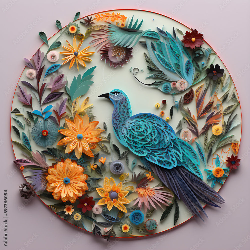 feather on the wall,A quilling paper art piece with various birds, including a foghorn, peacock, hummingbird, and eagle, depicted in flight against foliage and flowers. The artwork , Ai generated 
