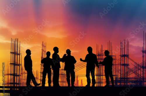 silhouettes of workers on the construction site. illustration for cover site or book, ai generative © ZoomTeam