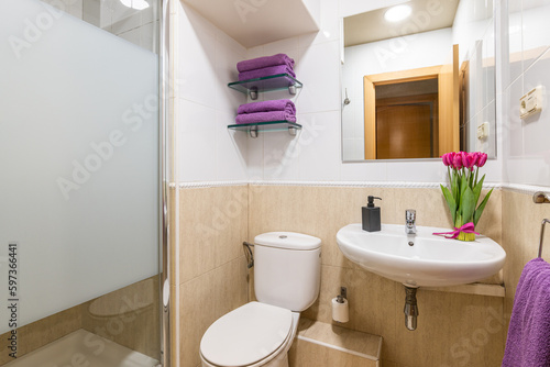 Cozy bathroom with toilet sink and mirror with towels and flowers in a hotel room while traveling. The concept of a five-star hotel. Small but comfortable bathroom