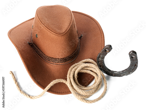 Stylish cowboy hat  horseshoe and lasso isolated on white background