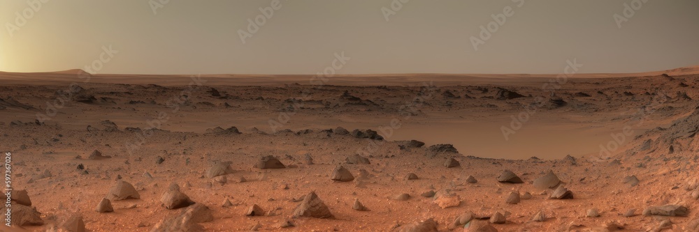 Fototapeta premium a group of rocks sitting on top of a desert, tonalism, on the orange surface of mars, the sky is a faint misty red hue, wide shot photo, generative ai