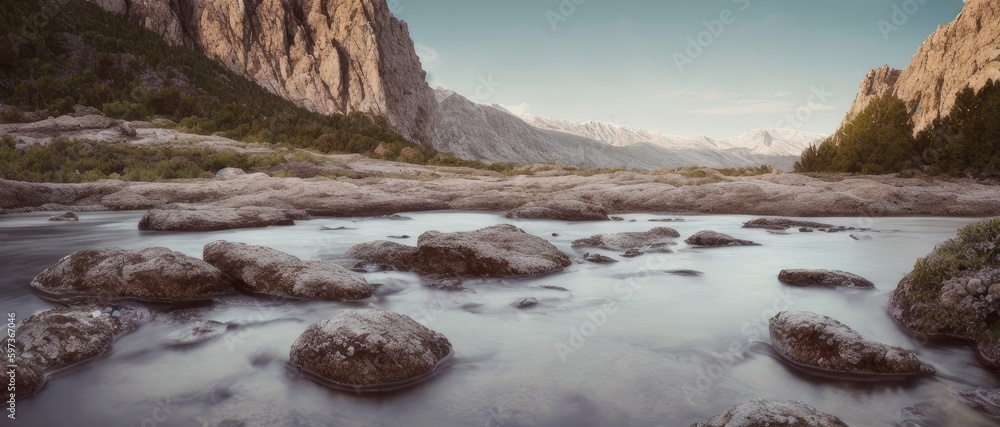 Obraz premium a group of rocks sitting on top of a river, a romanticism, rocky mountains and a river, photorealistic landscape, landscape photo, generative ai
