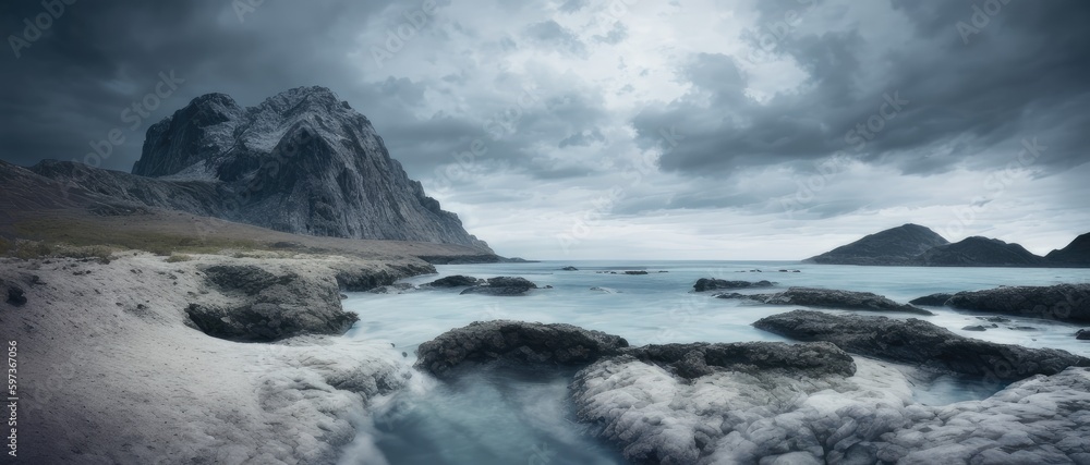 a body of water surrounded by rocks under a cloudy sky, romanticism, ocean and rock landscape, serene overcast atmosphere, beautiful dark beach landscape, generative ai