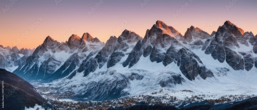 a mountain range covered in snow at sunset, romanticism, icy mountains, norway mountains, generative ai
