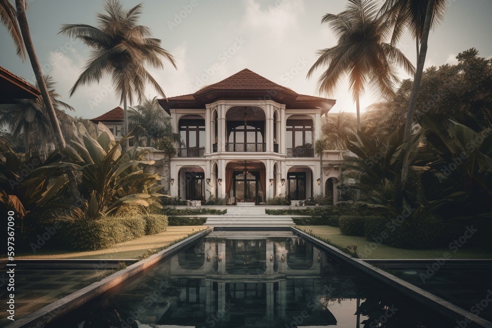 Luxurious mansion surrounded by coconut trees. Generative AI