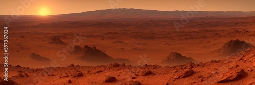 a view of a desert with a mountain in the distance, on the orange surface of mars, sparse mountains on the horizon, generative ai