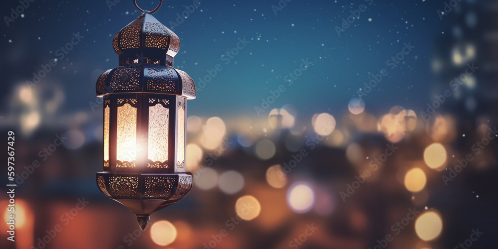 Arabische Laterne mit brennender Kerze und schönem Hintergrund, Ramadan Islam Religion Nahaufnahme, ai generativ