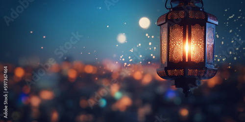 Arabische Laterne mit brennender Kerze und schönem Hintergrund, Ramadan Islam Religion Nahaufnahme, ai generativ