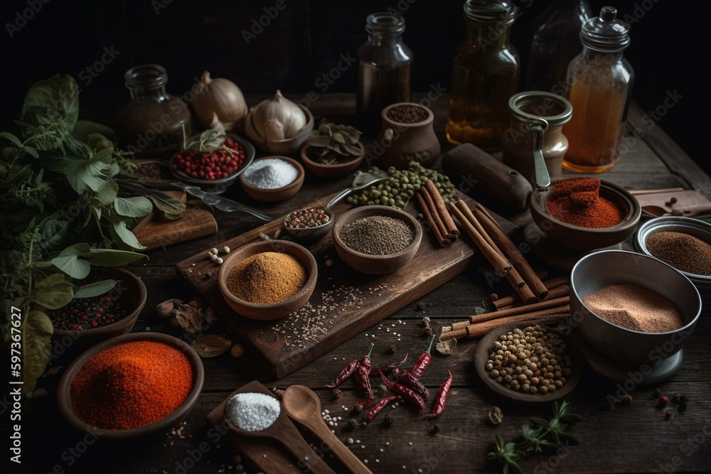An abundance of vibrant herbs and spices for all cookery needs. Generative AI