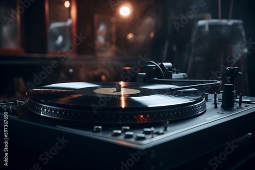 DJ turntable playing vinyl record music. Generative AI