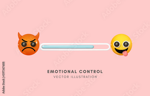3D slider bar between devil face and happy face, emotional control, improvement of mental health and interpersonal relationship, self awareness concept, Vector illustration.