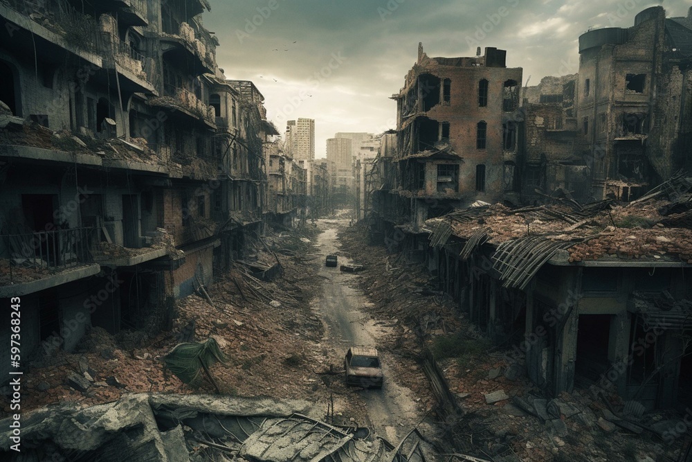 Ruined city from war. Conflict theme. Generative AI