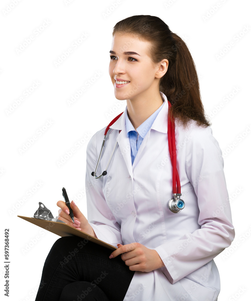 Young woman medical doctor in white uniform