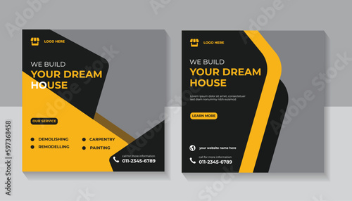 construction renovation social media post and web banner template  with handyman home
