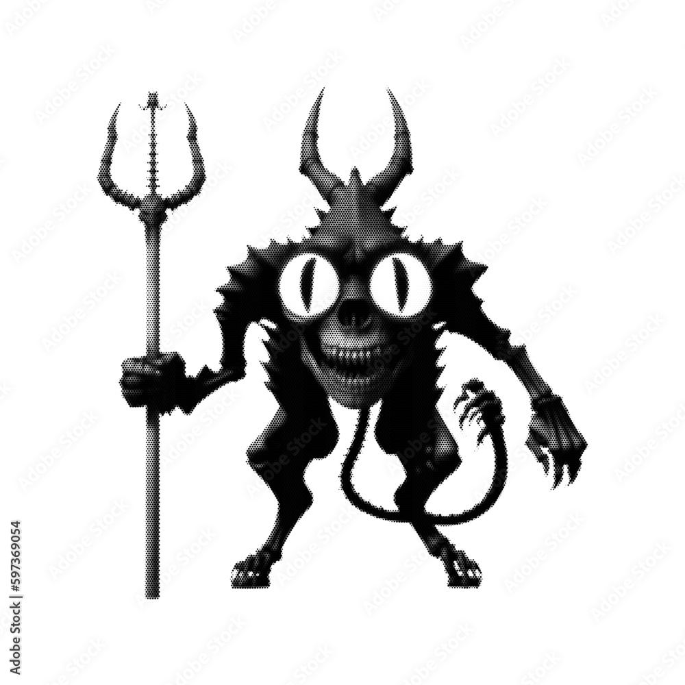 Skull head Monster with horns and big eyes and tail holding a trident. Isolated on white background. Vector illustration. Halftone design.