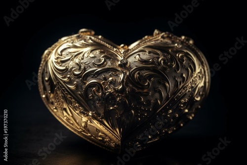 Luxurious golden heart on black background. Generative AI