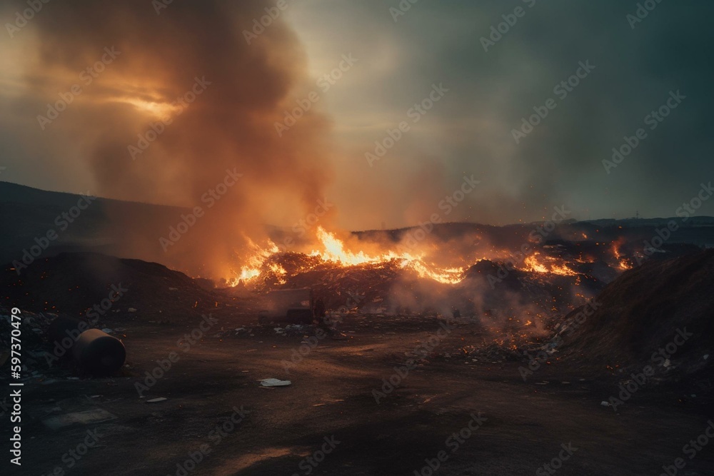 fire on landfill with burning waste piles. Generative AI