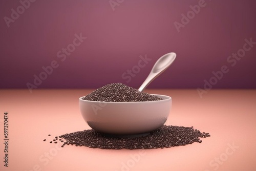 Bowl of chia seeds and spoon on colored background. Small bowl of healthy salvia hispanica superfood. Generative AI photo