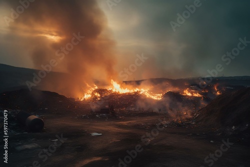 fire on landfill with burning waste piles. Generative AI