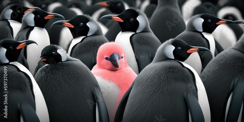 Difference concept showing by extraordinary penguin standing out of the crowd. superlative generative AI image.