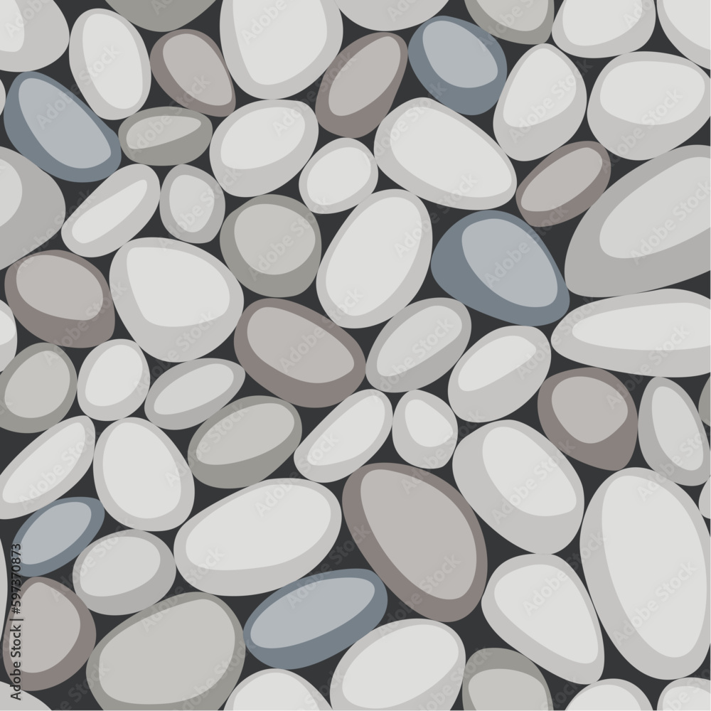 Seamless texture of pebbles in a flat style. Small stones on the ground. Top view of Natural colorful gravel on the summer beach