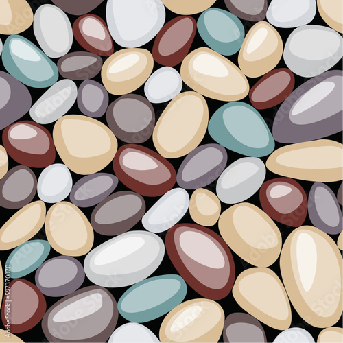 Seamless texture of pebbles. Colorful stones on the ground.. Top view of Natural colorful gravel