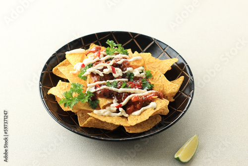 Nachos Corn Chips with Beef Tomato Sauce and Melted Cheese Topping