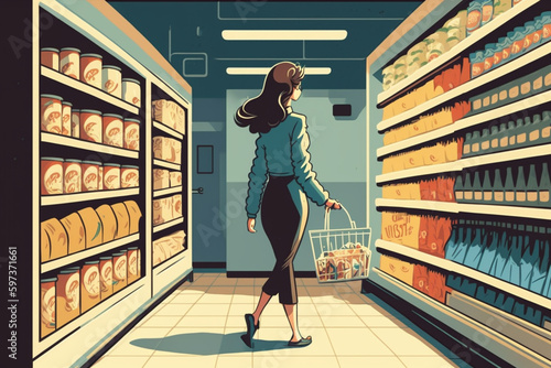 Woman holding shopping basket and walking in grocery store aisle. Lady buying groceries and food in supermarket or gourmet shop  Generative AI