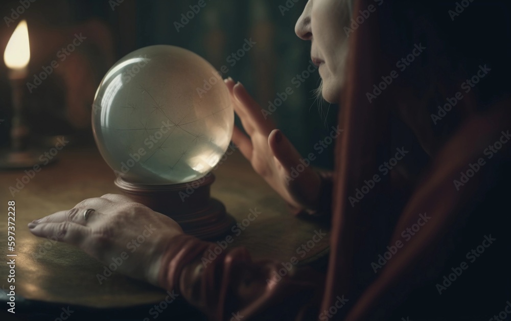 Naklejka premium Fortune teller woman holds a magic glass ball in her hands created with Generative AI technology
