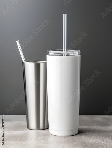 Blank white and silver 20 oz tumblers with straws not text mockup on grey backdrop created with Generative AI technology