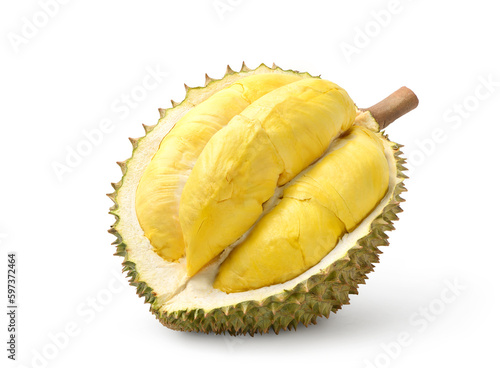 Ripe Durian fruit cut in half isolated on white background. Clipping path.