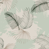 Elegant seamless pattern with green hand drawn line tropical leaves. A contemporary collage with simple shapes. Modern exotic design for paper, cover, fabric, wallpaper, interior. Vector graphics.