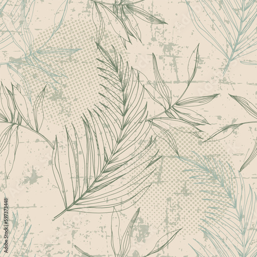 Elegant seamless pattern with green hand drawn line tropical leaves. A contemporary collage with simple shapes. Modern exotic design for paper, cover, fabric, wallpaper, interior. Vector graphics.